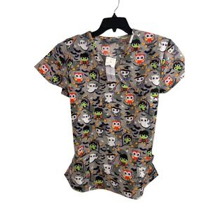 Wear For Care Scrub Top Small Gray Halloween Owl Bat Print Womens